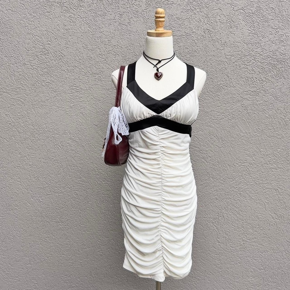 Y2K City Triangles White Ruched Cocktail Mini Dress Size Medium Party